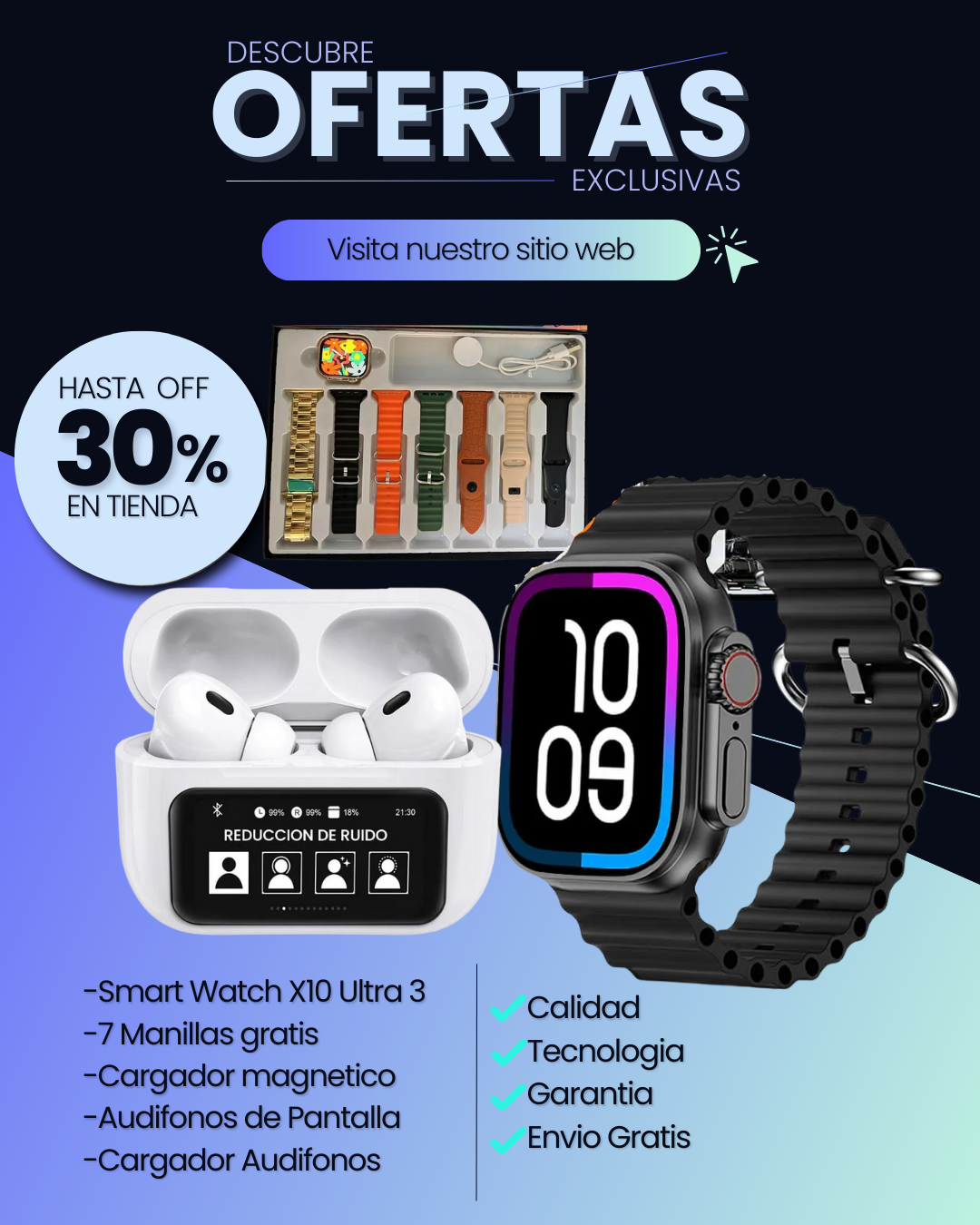 RELOJ X10 7 MANILLAS+AIRPODS PANTALLA COLOR DEL RELOJ